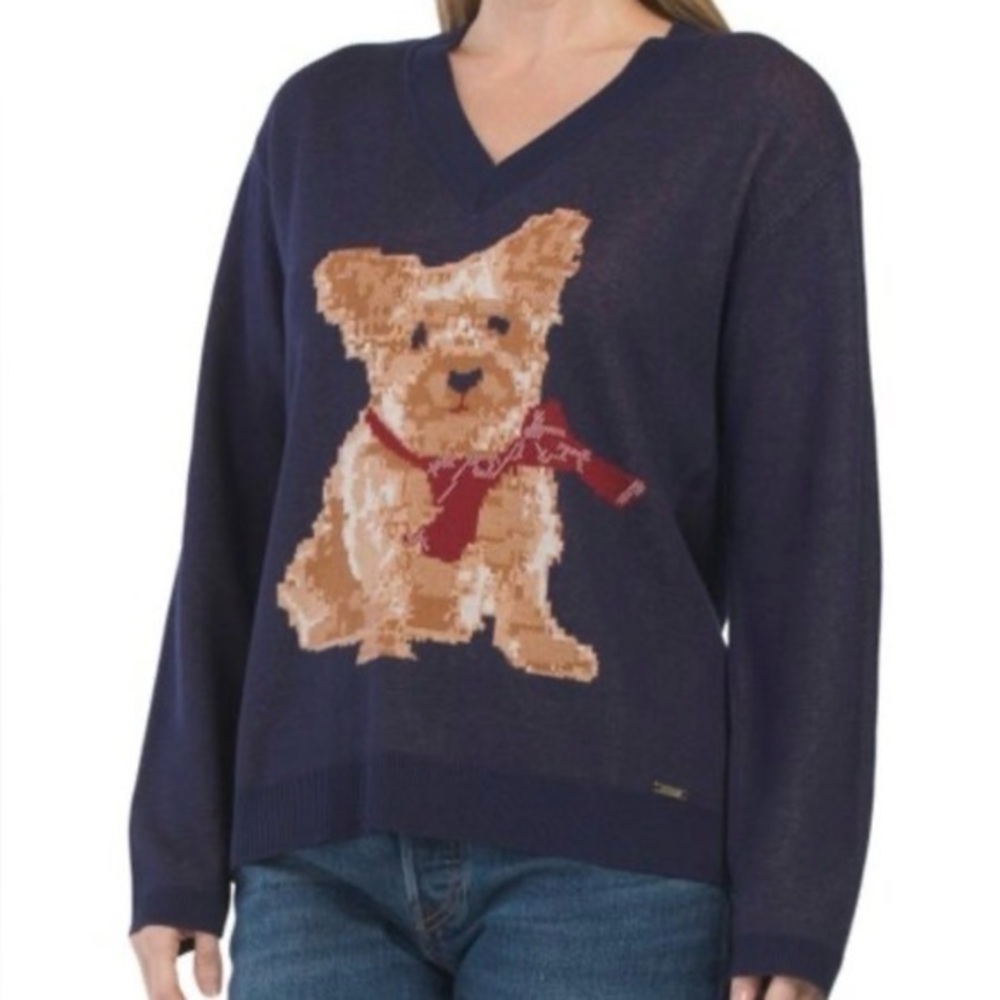 NWT Jones New York Navy Blue and Tan Long Sleeve V-Neck Sweater Dog w/ Scarf XL